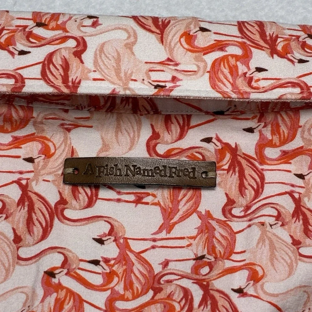 A Fish Named Fred Mens L Pink Flamingo AOP Short Sleeve Stretch Button Up Shirt